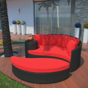 Modway Taiji Outdoor Wicker Patio Daybed with Ottoman in Espresso with Red Cushions