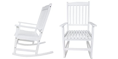 BTEXPERT Indoor Outdoor Slatted Wooden Front Rocking Chair Garden Deck Porch Rocker, Furniture, White, Set of 2