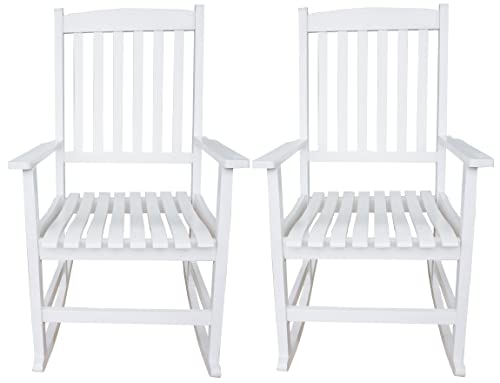 BTEXPERT Indoor Outdoor Slatted Wooden Front Rocking Chair Garden Deck Porch Rocker, Furniture, White, Set of 2