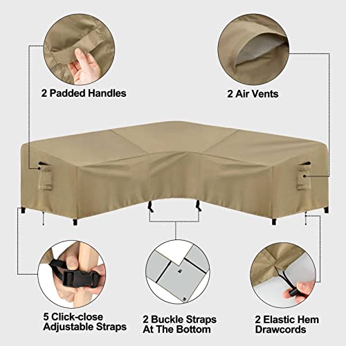 PureFit Outdoor Sectional Sofa Cover Waterproof V Shaped Patio Furniture Covers for Deck, Lawn and Backyard, 100”x100”, Camel
