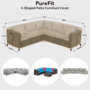 PureFit Outdoor Sectional Sofa Cover Waterproof V Shaped Patio Furniture Covers for Deck, Lawn and Backyard, 100”x100”, Camel