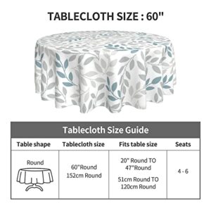 Leaf Grey Tablecloth Summer 60 Inch Round Teal Tablecloth Leaves Rustic with Wrinkle Resistant for Party, Picnic, Tabletop, Dining Room, Indoor and Outdoor Dining, Decorative Patio