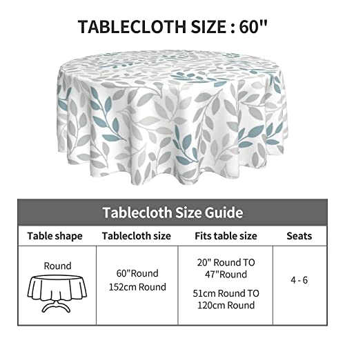 Leaf Grey Tablecloth Summer 60 Inch Round Teal Tablecloth Leaves Rustic with Wrinkle Resistant for Party, Picnic, Tabletop, Dining Room, Indoor and Outdoor Dining, Decorative Patio