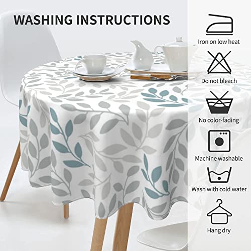 Leaf Grey Tablecloth Summer 60 Inch Round Teal Tablecloth Leaves Rustic with Wrinkle Resistant for Party, Picnic, Tabletop, Dining Room, Indoor and Outdoor Dining, Decorative Patio