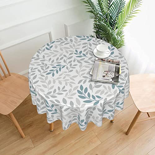 Leaf Grey Tablecloth Summer 60 Inch Round Teal Tablecloth Leaves Rustic with Wrinkle Resistant for Party, Picnic, Tabletop, Dining Room, Indoor and Outdoor Dining, Decorative Patio