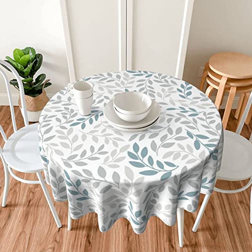 Leaf Grey Tablecloth Summer 60 Inch Round Teal Tablecloth Leaves Rustic with Wrinkle Resistant for Party, Picnic, Tabletop, Dining Room, Indoor and Outdoor Dining, Decorative Patio