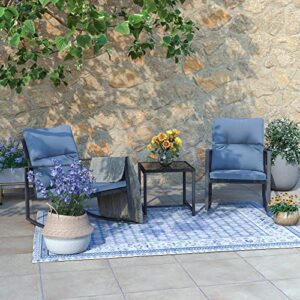 COSIEST 3 Piece Bistro Set Patio Rocking Chairs Outdoor Porch Furniture w Blue Cushions,Water Resistant,Glass-Top Coffee Table for Garden, Pool, Backyard