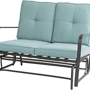 glitzhome Modern Outdoor Patio Loveseat Glider Bench,Metal Frame Patio Bistro Swing Glider Rocking Chair Sofa Furniture Set with Cushion for Lawn Porch Garden Yard Poolside, Blue