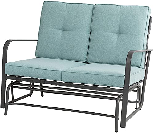 glitzhome Modern Outdoor Patio Loveseat Glider Bench,Metal Frame Patio Bistro Swing Glider Rocking Chair Sofa Furniture Set with Cushion for Lawn Porch Garden Yard Poolside, Blue