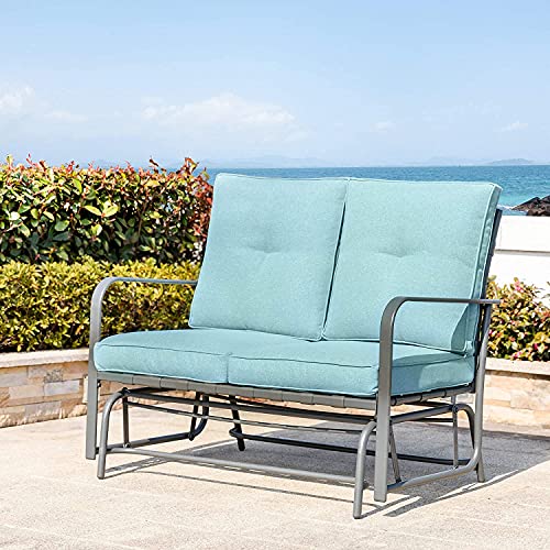 glitzhome Modern Outdoor Patio Loveseat Glider Bench,Metal Frame Patio Bistro Swing Glider Rocking Chair Sofa Furniture Set with Cushion for Lawn Porch Garden Yard Poolside, Blue