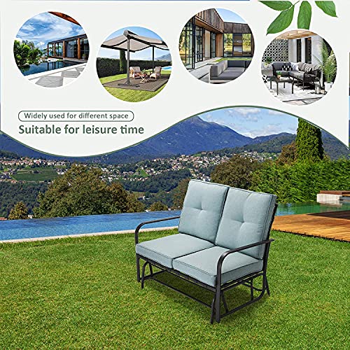 glitzhome Modern Outdoor Patio Loveseat Glider Bench,Metal Frame Patio Bistro Swing Glider Rocking Chair Sofa Furniture Set with Cushion for Lawn Porch Garden Yard Poolside, Blue