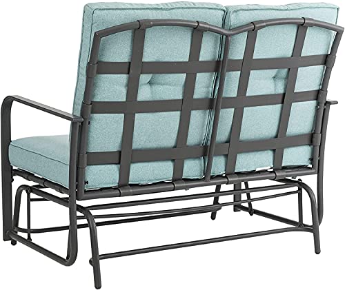 glitzhome Modern Outdoor Patio Loveseat Glider Bench,Metal Frame Patio Bistro Swing Glider Rocking Chair Sofa Furniture Set with Cushion for Lawn Porch Garden Yard Poolside, Blue