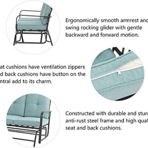 glitzhome Modern Outdoor Patio Loveseat Glider Bench,Metal Frame Patio Bistro Swing Glider Rocking Chair Sofa Furniture Set with Cushion for Lawn Porch Garden Yard Poolside, Blue