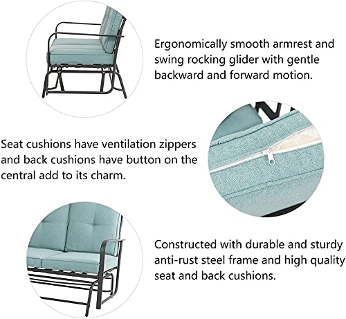 glitzhome Modern Outdoor Patio Loveseat Glider Bench,Metal Frame Patio Bistro Swing Glider Rocking Chair Sofa Furniture Set with Cushion for Lawn Porch Garden Yard Poolside, Blue