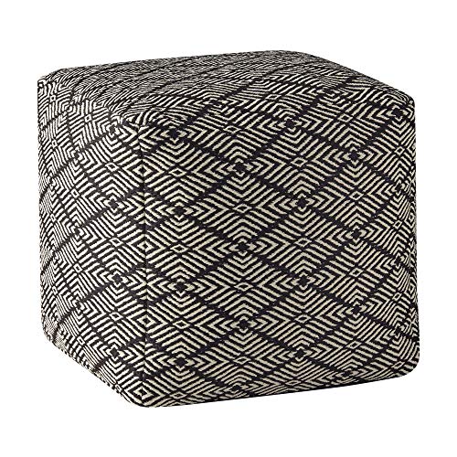 Modern Boho Farmhouse Black Ivory Woven Outdoor Pouf Ottoman Outdoor Patio Accent Decor Furniture Footstool