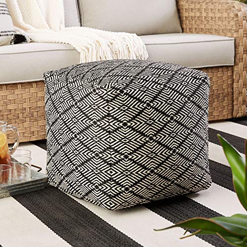 Modern Boho Farmhouse Black Ivory Woven Outdoor Pouf Ottoman Outdoor Patio Accent Decor Furniture Footstool