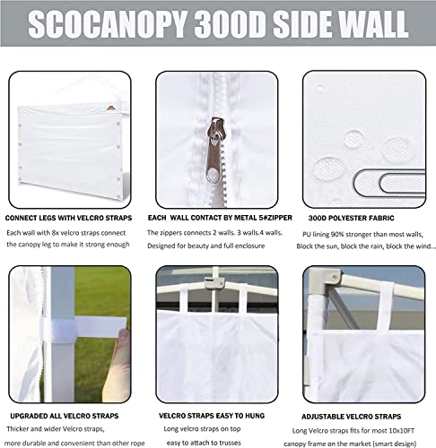 SCOCANOPY SideWall for 10x10 Canopy Frame, 3 Pack SunWall with 1 Pack Canopy Door,White