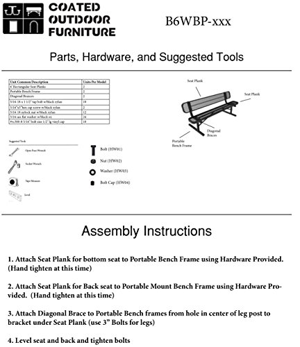 CoatedOutdoorFurniture B6WBP-BLK Heavy Duty Park Bench with Back Portable Frame, 6 Feet, Black, Made in America