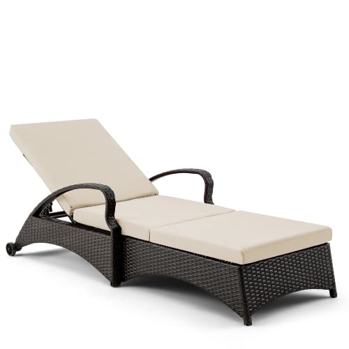 GYUTEI Chaise Lounge Chair with 5 Adjustable Position Thickened Cushion Outdoor Reclining Chaise with Wheels for Patio Backyard Porch Garden Beach Poolside(Khaki)