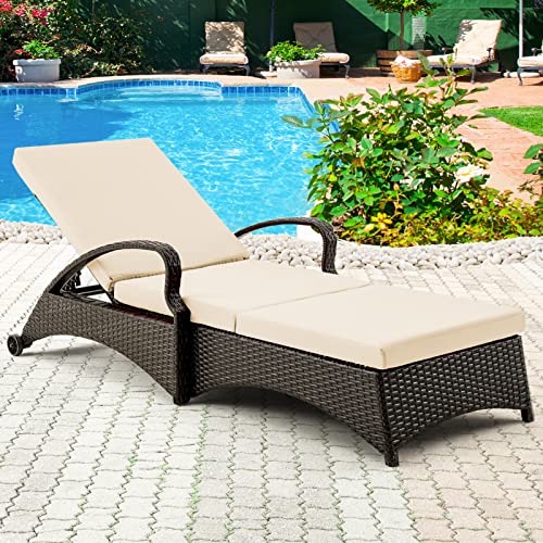 GYUTEI Chaise Lounge Chair with 5 Adjustable Position Thickened Cushion Outdoor Reclining Chaise with Wheels for Patio Backyard Porch Garden Beach Poolside(Khaki)