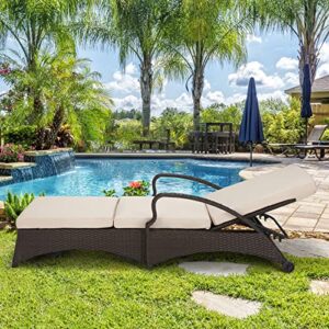 GYUTEI Chaise Lounge Chair with 5 Adjustable Position Thickened Cushion Outdoor Reclining Chaise with Wheels for Patio Backyard Porch Garden Beach Poolside(Khaki)