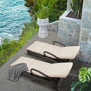 GYUTEI Chaise Lounge Chair with 5 Adjustable Position Thickened Cushion Outdoor Reclining Chaise with Wheels for Patio Backyard Porch Garden Beach Poolside(Khaki)