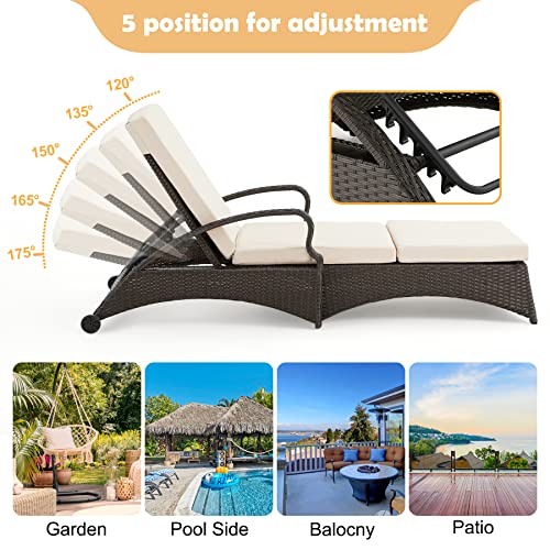 GYUTEI Chaise Lounge Chair with 5 Adjustable Position Thickened Cushion Outdoor Reclining Chaise with Wheels for Patio Backyard Porch Garden Beach Poolside(Khaki)