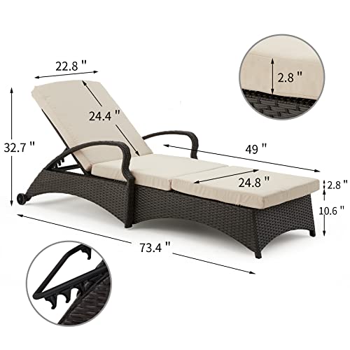 GYUTEI Chaise Lounge Chair with 5 Adjustable Position Thickened Cushion Outdoor Reclining Chaise with Wheels for Patio Backyard Porch Garden Beach Poolside(Khaki)