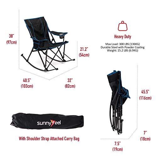 SUNNYFEEL Camping Rocking Chair, Folding Lawn Chair with Cup Holder, Storage Pocket, Mesh Back Recliner for Beach/Outdoor/Travel/Picnic/Patio, Portable Camp Rocker Chairs with Carry Bag