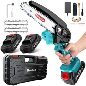 Mini Chainsaw 6-inch Mini Chainsaw Cordless 𝟭𝟮 Pc Tool Set, Seesii Battery Chainsaw with 2x Big Batteries, 2.62lbs Handheld Electric Power Chain Saw with Safety Lock for Tree Trimming Wood Cutting