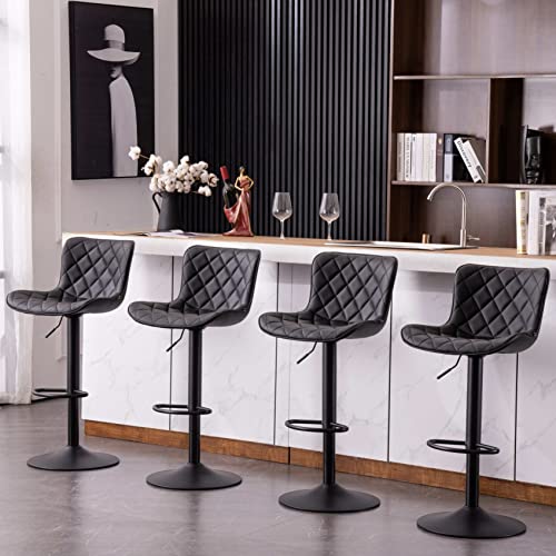 Kidol & Shellder Bar Stools Set of 2 Black Adjustable Barstools Bar Height Swivel Counter Stools High Back Upholstered Bar Chairs,3 Mins Quick Assembly,Loads Up to 300lbs