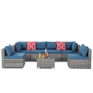vonzoy 7 pieces patio furniture set, outdoor sectional sofa couch, grey wicker rattan patio conversation set with cushions and table (blue)