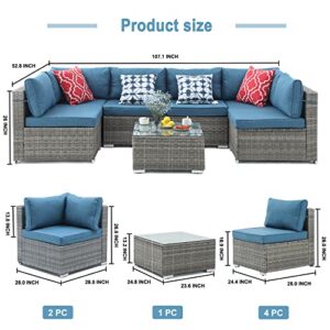 VONZOY 7 Pieces Patio Furniture Set, Outdoor Sectional Sofa Couch, Grey Wicker Rattan Patio Conversation Set with Cushions and Table (Blue)