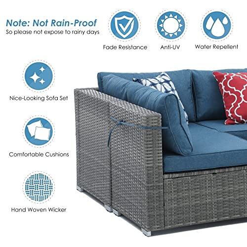 VONZOY 7 Pieces Patio Furniture Set, Outdoor Sectional Sofa Couch, Grey Wicker Rattan Patio Conversation Set with Cushions and Table (Blue)