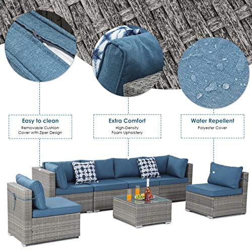 VONZOY 7 Pieces Patio Furniture Set, Outdoor Sectional Sofa Couch, Grey Wicker Rattan Patio Conversation Set with Cushions and Table (Blue)