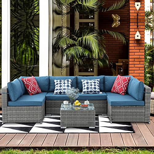 VONZOY 7 Pieces Patio Furniture Set, Outdoor Sectional Sofa Couch, Grey Wicker Rattan Patio Conversation Set with Cushions and Table (Blue)