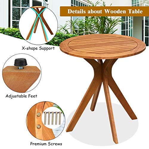 Tangkula 27.5 Inch Eucalyptus Wood Outdoor Patio Bistro Table, Round Wooden Table w/X Base, Coffee Side Bistro Table for Garden, Backyard, Patio, Living Room (Teak)