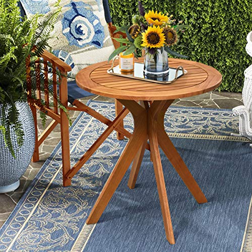 Tangkula 27.5 Inch Eucalyptus Wood Outdoor Patio Bistro Table, Round Wooden Table w/X Base, Coffee Side Bistro Table for Garden, Backyard, Patio, Living Room (Teak)