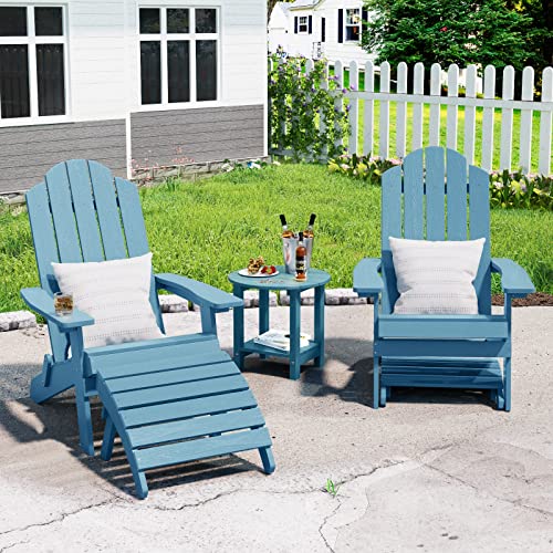 MXIMU Folding Adirondack Chair & Ottoman 4-Piece Set, Weather Resistant Plastic Chairs Adorondic Set for Area Seating Lifetime Wide Use in Backyard, Garden, Lawn, Porch