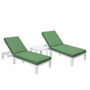 LeisureMod Chelsea Modern White Aluminum Chaise Lounge Outdoor Patio Chair with Side Table & Cushions Set of 2, Green