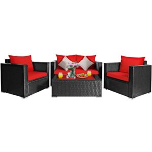 lukeo 4pcs patio rattan furniture set cushioned sofa chair coffee table garden red single sofa