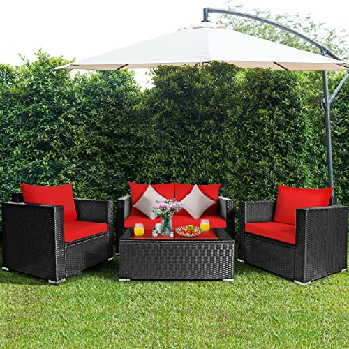 LUKEO 4PCS Patio Rattan Furniture Set Cushioned Sofa Chair Coffee Table Garden Red Single Sofa