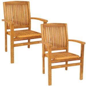 sunnydaze stackable outdoor patio dining chairs – slat-back wood outdoor arm chairs for the outdoor dining-table, patio, porch, or deck – light brown finish – 24.25 inches wide – set of 2