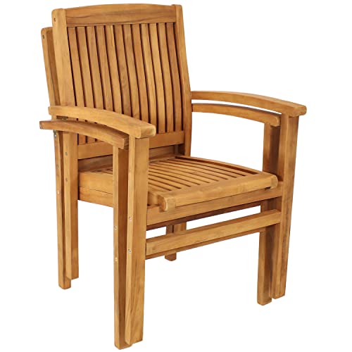 Sunnydaze Stackable Outdoor Patio Dining Chairs - Slat-Back Wood Outdoor Arm Chairs for The Outdoor Dining-Table, Patio, Porch, or Deck - Light Brown Finish - 24.25 Inches Wide - Set of 2