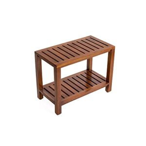 teak wood waterproof shower bench – with shelf, 24 inch, wooden seat stool for bathroom, spa, garden, fully assembled