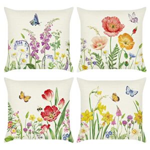 bonhause spring floral throw pillow covers 18×18 set of 4 garden flower butterfly decorative pillows case polyester linen cushion covers for couch sofa garden patio decor