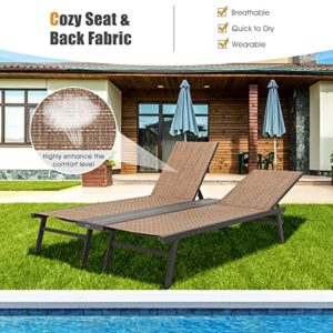 Tangkula Double Patio Chaise Lounge, All Weather-Proof Heavy Duty 6 Position Adjustable Breathable Fabric Outdoor Bed Lounger with Cup Holder, for Poolside, Backyard, Pool, Lawn