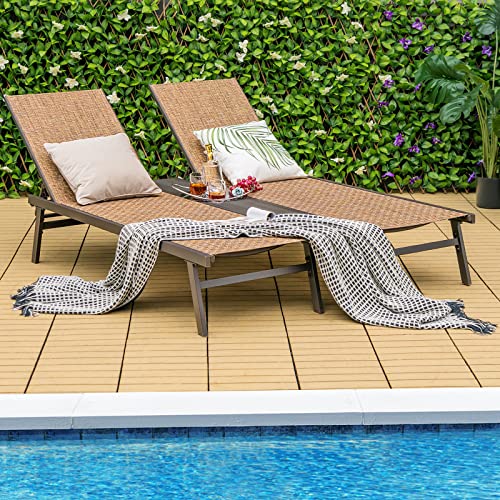 Tangkula Double Patio Chaise Lounge, All Weather-Proof Heavy Duty 6 Position Adjustable Breathable Fabric Outdoor Bed Lounger with Cup Holder, for Poolside, Backyard, Pool, Lawn