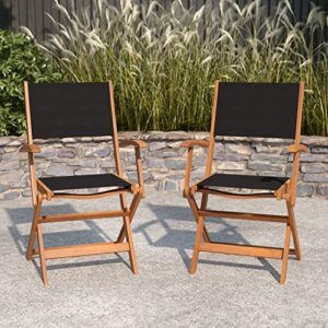 merrick lane stora set of 2 indoor/outdoor acacia wood folding patio bistro armchairs with black textilene mesh back and seat, natural