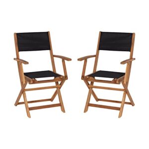 Merrick Lane Stora Set of 2 Indoor/Outdoor Acacia Wood Folding Patio Bistro Armchairs with Black Textilene Mesh Back and Seat, Natural